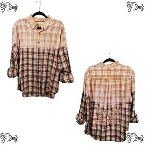 Unisex St John's Bay Bleach Plaid Cotton Flannel Button Shirt Men XL Brown Red